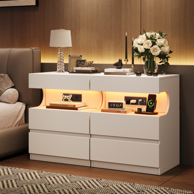 App-Controlled LED Nightstand with Charging Station, Modern White Bedside Table with 3 Drawers & U-Shape Shelf, End Table with USB Ports & Outlets for Bedroom