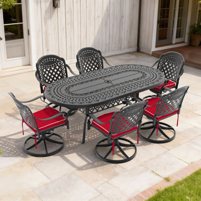 Ensemble de salle à manger 7 pièces en fonte d'aluminium toutes saisons, comprenant 6 chaises pivotantes et une table ovale avec cadre noir