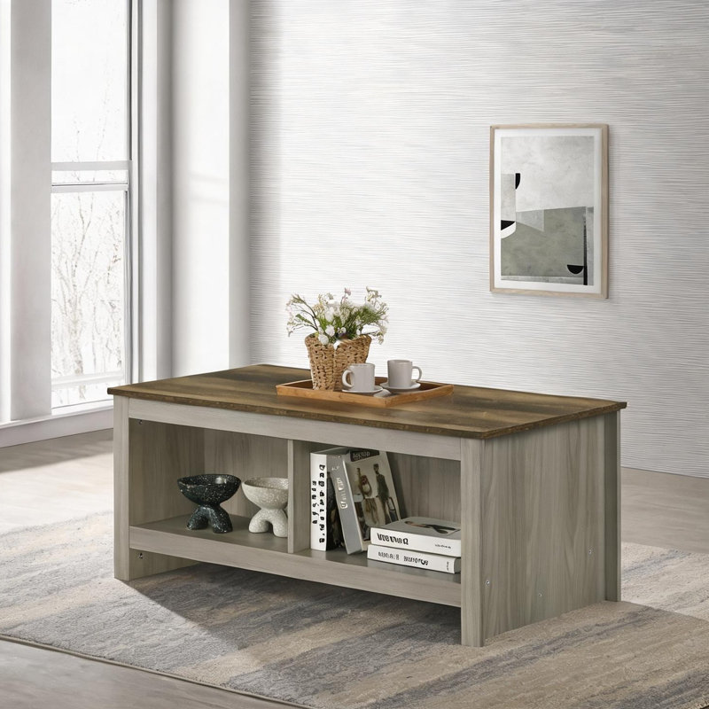 Table basse de salon avec tablettes ouvertes, bois massif gris ardoise, 43 po de largeur