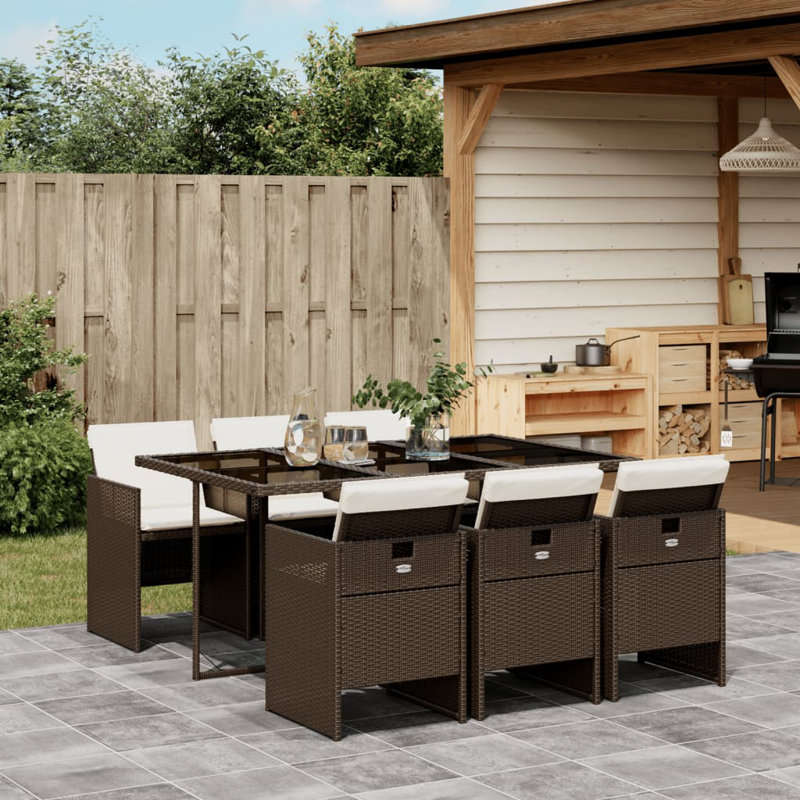  Ensemble de salle à manger de patio pour 6 personnes, brun, blanc crème, Brun, Blanc, crème