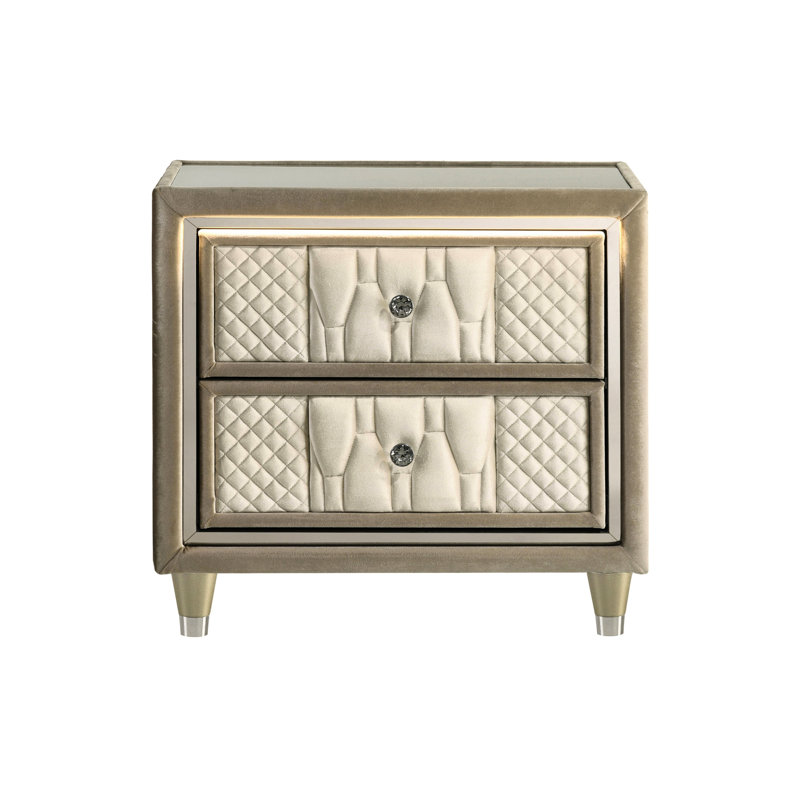 Camel And 2 Nightstand With Led Dual - Soft Glow From Led, Fully Upholstered In Velvet, Clear Tempered Glass Top, Built-in Ports, Felt-lined Drawer, Solid Engineered Wood Build