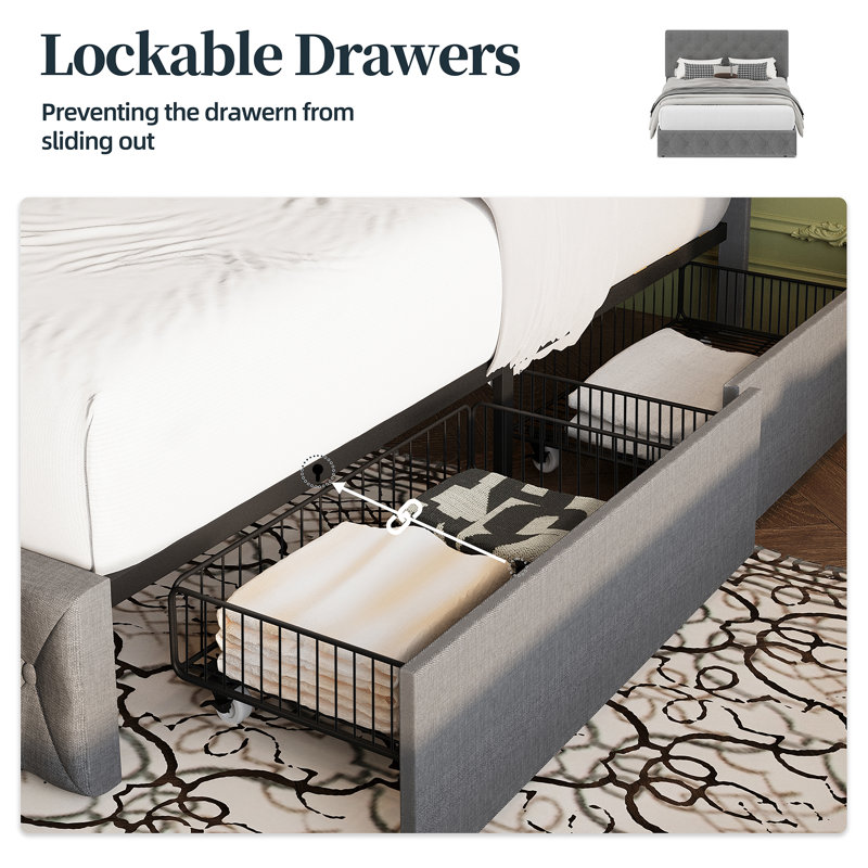 Grey Queen Upholstered Platform Bed with 4 Storage Drawers