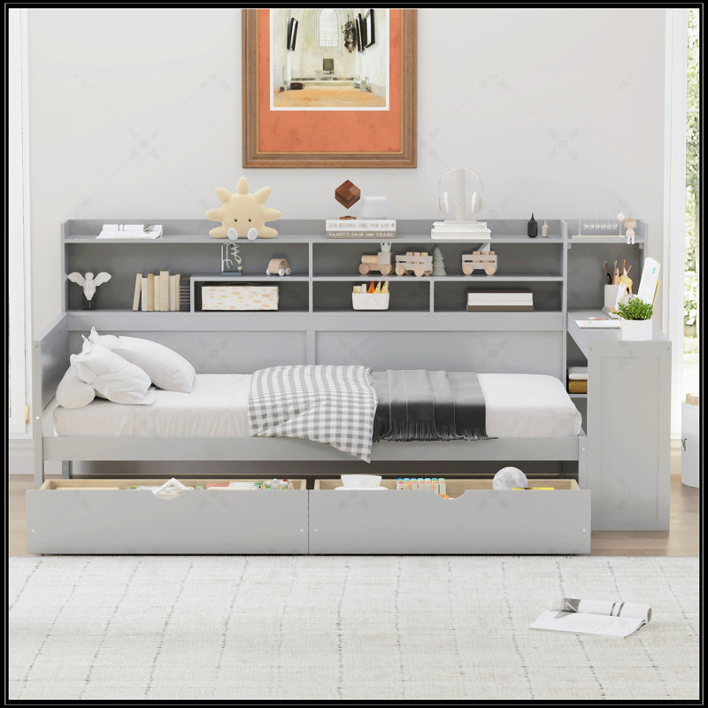 Lit de jour simple en bois avec tablettes de rangement et bureau d'étude, lit multifonctionnel avec tiroirs, gris
