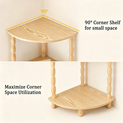5-Tier Corner Bookshelf for Small Spaces, Stylish Corner Storage Display Unit with Vintage Legs for Living Room, Bedroom, Bathroom, Kitchen, Natural Wood Finish