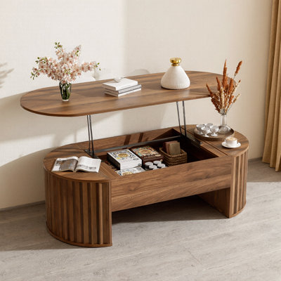 Table basse relevable avec compartiments cachés, plateau relevable ovale moderne