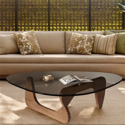 Modern Walnut Glass Coffee Table - All-weather End Table With Tempered Glass Top For Indoor/outdoor Living Spaces