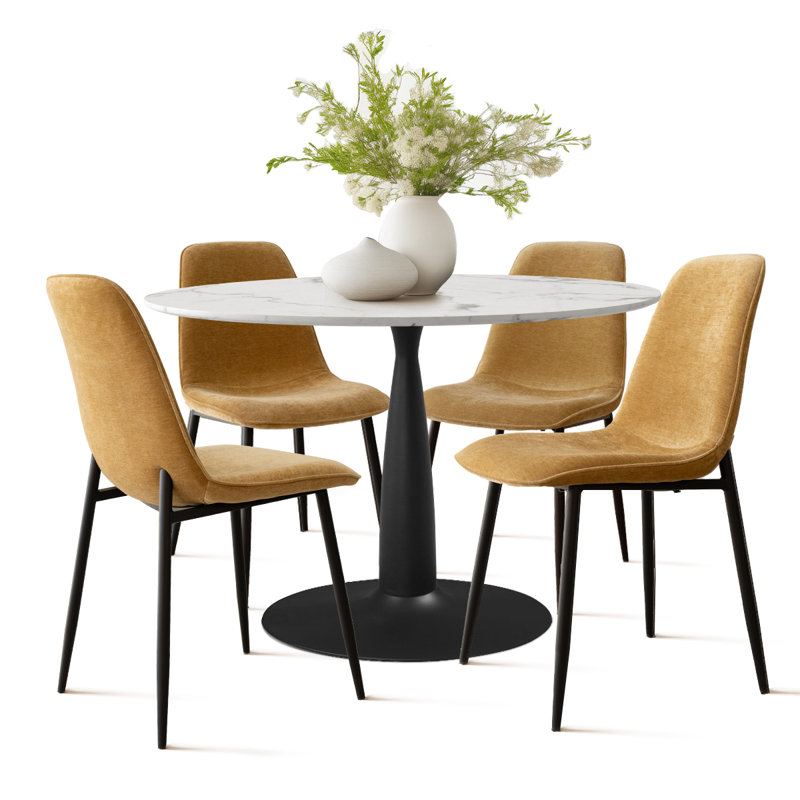 Leong 4-Person Dining Set with 40" W Round Table and Upholstered Chenille Chairs , Gold