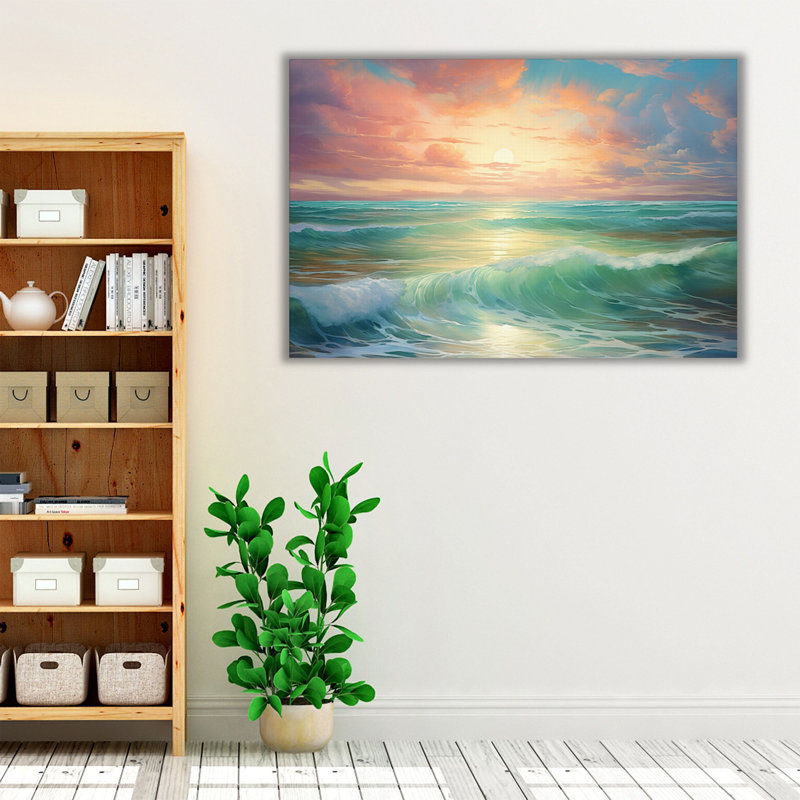 «Serene Seascape Radiance», impression murale, Toile avec cadre flottant brun, H 12 po x l 18 po x P 1,25 po