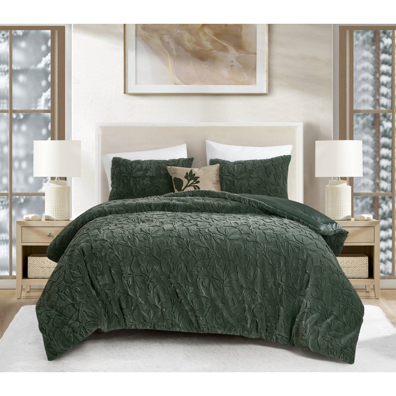 Ensemble d'édredon de luxe texturé - Ensemble de literie 4 pièces moelleux avec coussin décoratif, Olive