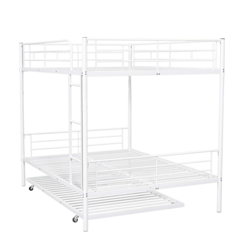 Metal Bunk Bed With Trundle, White, Full Over Full