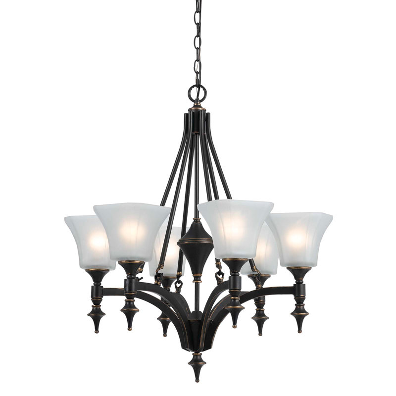 Lustre en fer forgé Rockwood, bronze foncé, 6 lumières, 67 cm de hauteur, abat-jour en verre blanc, douille E26, 60 W, chaîne de 1,8 m.