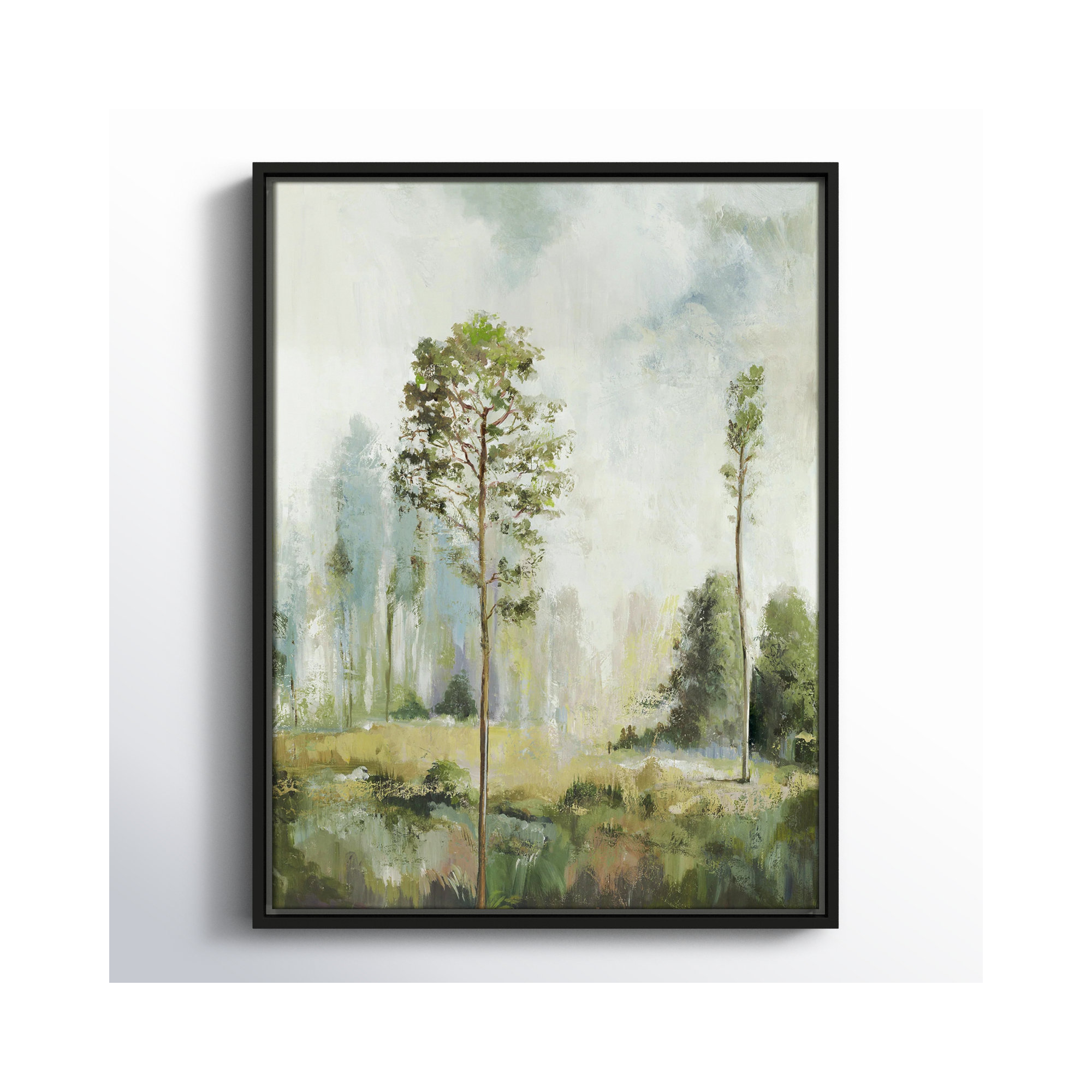 Tall Green Trees I by Teton Pearce - Floater Frame Print on Canvas, 25.5" H x 19.5" W, Black