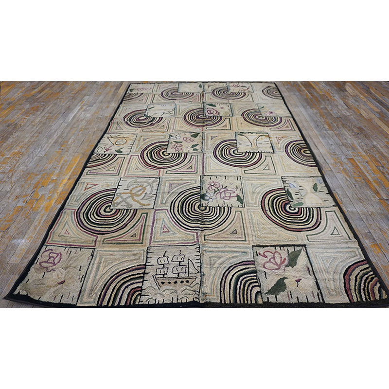 Antique Artistic Folk Art Design American Hooked Rug
