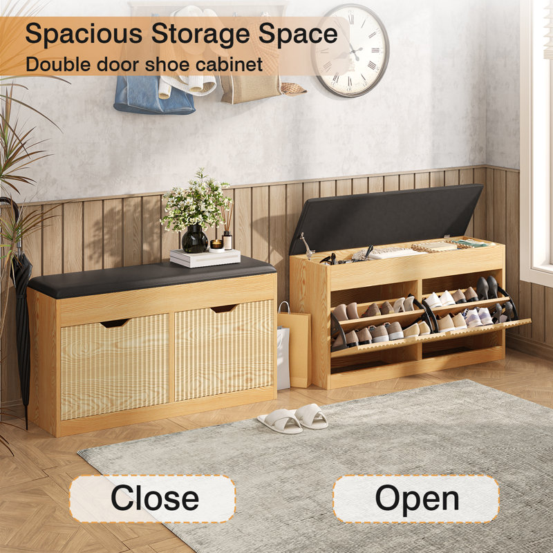 39" Modern 12 Pair Shoe Storage Bench with 2-Tier Flip Drawers and Top Hidden Storage for Entryway,Hallway, Light Brown