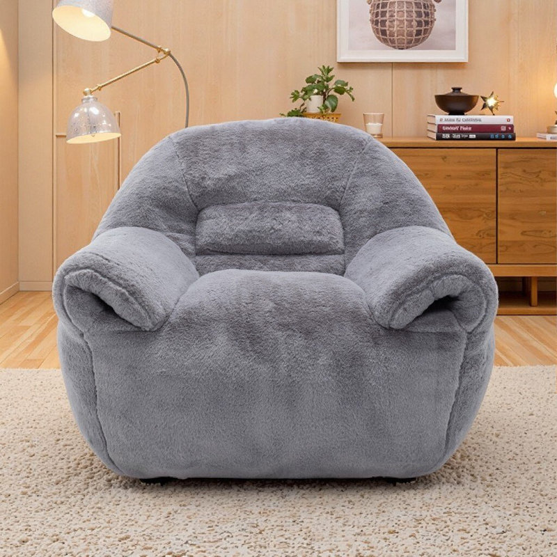 Compression 42.5" WVelvet Adult Bean Bag Chair With Storage Armrest, Gray Velvet