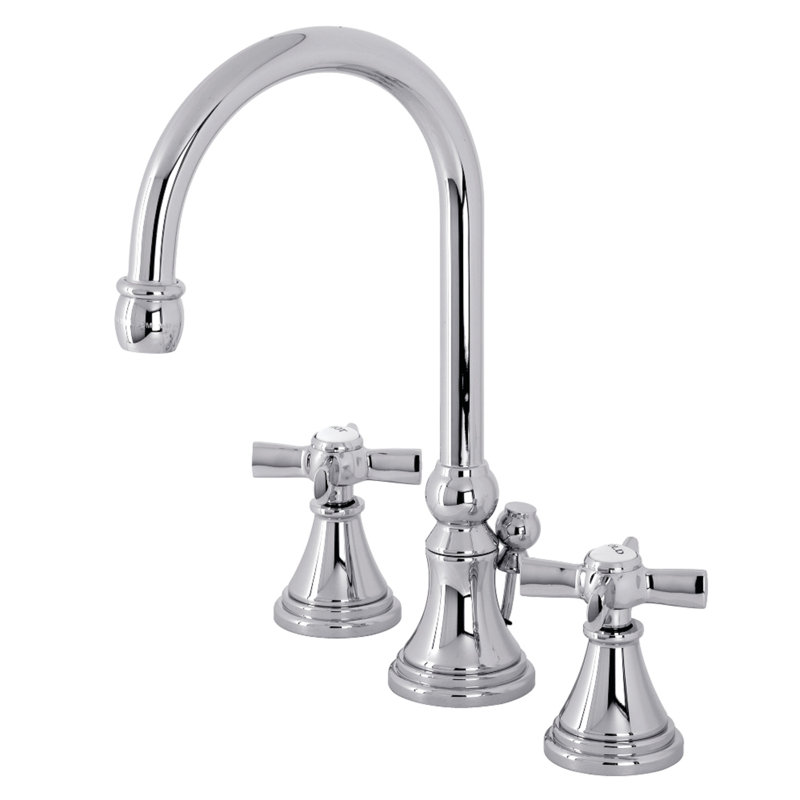 Kingston Brass Millennium Two-Handle 3-Hole Deck Mount Widespread Bathroom Faucet with Brass Pop-Up Drain, Polished Chrome