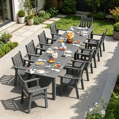 10-Person All Weather Outdoor Table and Chairs 12 Pieces Outside Patio Dining Sets With Umbrella Hole& Aluminum Frame HIPS Modern Upgrade Heavy-Duty High-Comfort Patio Dining Table and Chairs for Backyard/Porch/Deck/Garden/Poolside, 2-Tables 10-Chairs
