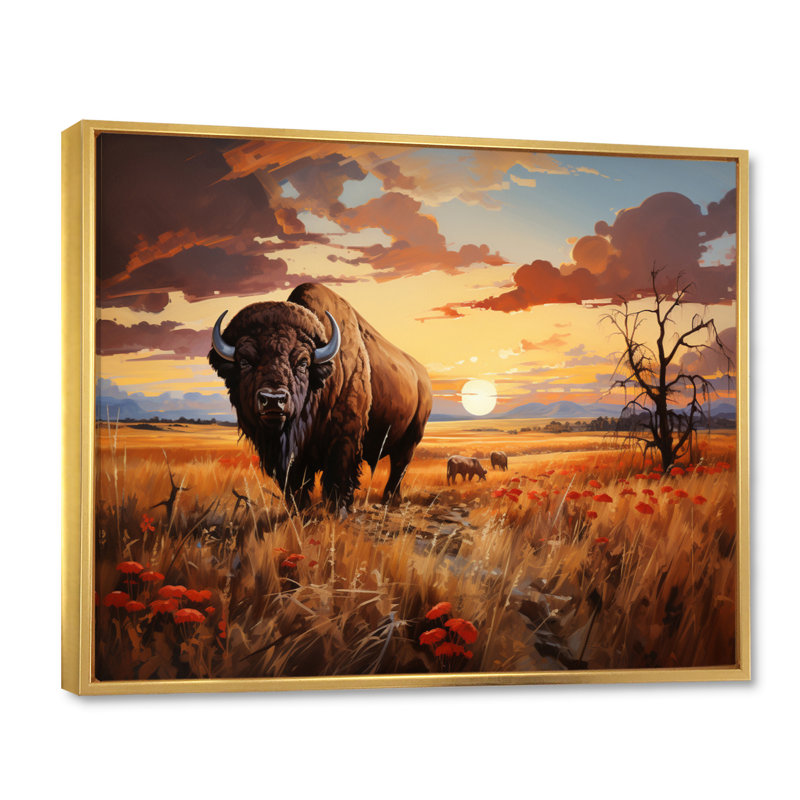 Native American Art Bison Prairies I Framed On Canvas Print, Cadre flottant doré, H 12 po x l 20 po x P 1 po