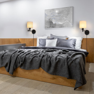 Ensemble de 2 appliques murales à bras articulé avec abat-jour en lin et châssis en métal noir