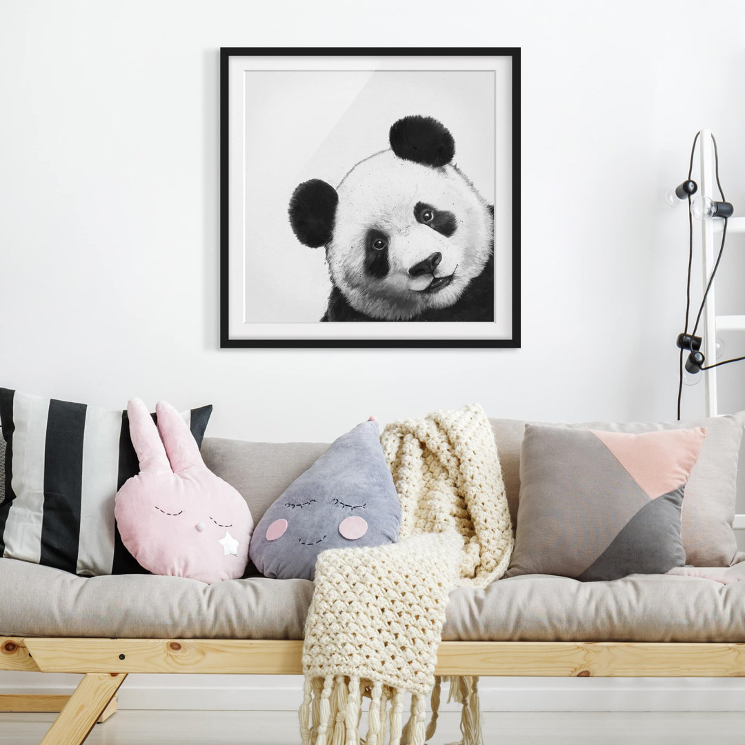 Gerahmter Grafikdruck Illustration Panda in Schwarz/Weiß