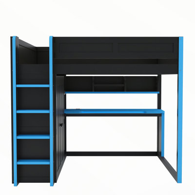 Lit mezzanine avec armoire intégrée, bureau, éclairage DEL et tablettes de rangement