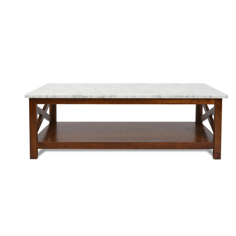 Alessandro 43.5" Rectangular Italian Carrara White Marble Coffee Table With Walnut Color Solid Wood Legs