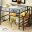 Lit mezzanine double en métal noir, bureau encastré, escalier de rangement, garde-robe, éclairage, plancher de la chambre à coucher-1072206214