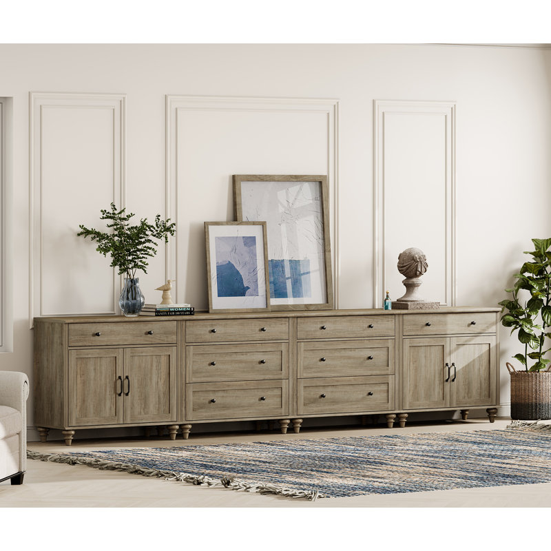 TV Stand For Tvs Up To 105 Inch, Wood TV Console Table For 65-100 Inch TV, Entertainment Center With Door & Drawer, Grey Wash