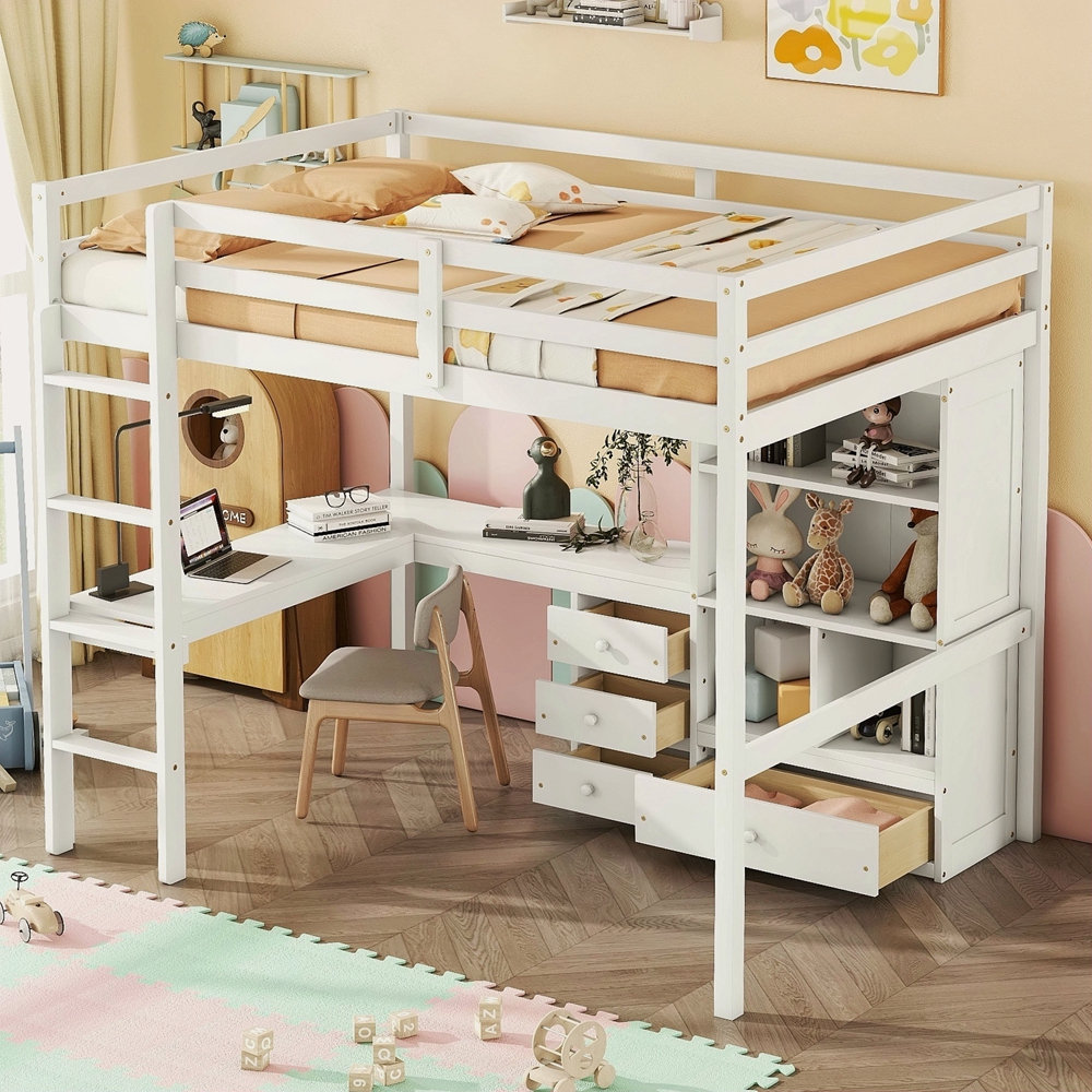 Harriet Bee Full Size Loft Wood Bed With Desk, Storage Shelves And ...