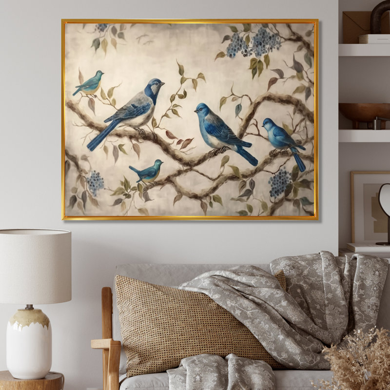 Quatre oiseaux bleus rétro sur une branche I - reproduction sur toile, H 30 po x l 40 po x P 1,5 po, Cadre flottant doré