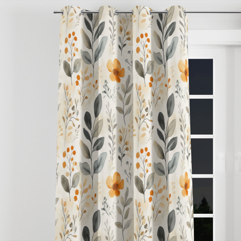 Rideaux Boho - rideau à œillets orange avec jardin botanique - 1 panneau, L 52 po x L 108 po, Œillets argentés