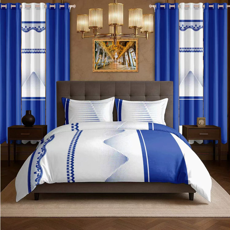 Ensemble de literie 9 pièces avec rideaux assortis, grand, bleu royal et blanc, couvre-lit matelassé, couvre-lit, lavable à la machine, cadeau pour mariage et fastival