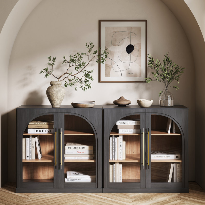 Set of 2 Modular Sideboard with Arched Glass Door and Adjustable Shelves, Ebony, Ebony