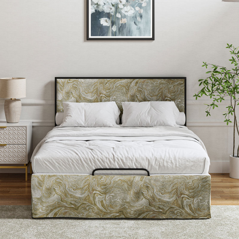 Lit plateforme tapissier Neilius avec housse lavable, Très grand, Motif doré
