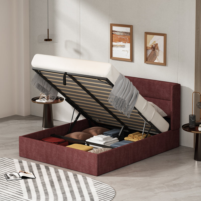 Lit plateforme tapissier avec rangement Gaillarde, Double, Bleu brume grisâtre