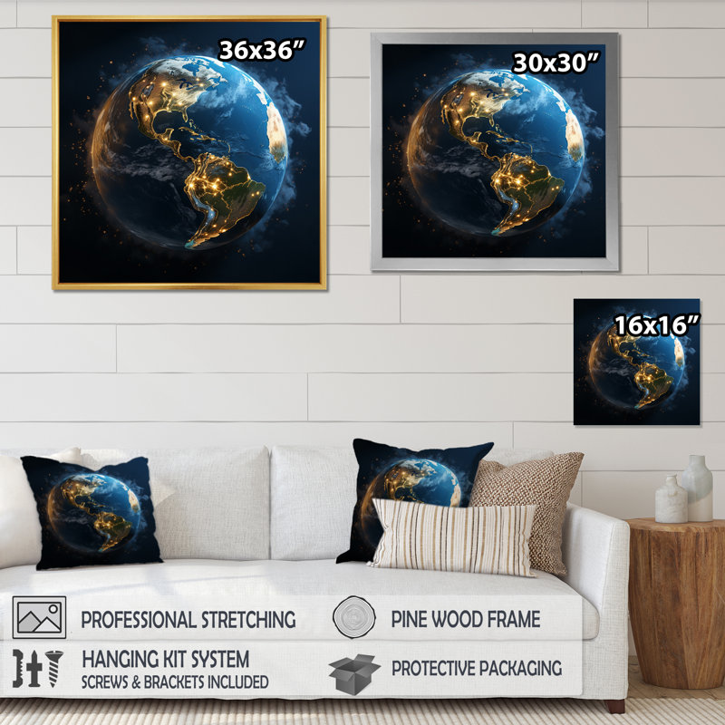Earth Lights From Space I - Space Planet Canvas Art Print, Cadre simple noir, H 36 po x l 36 po x P 1,5 po