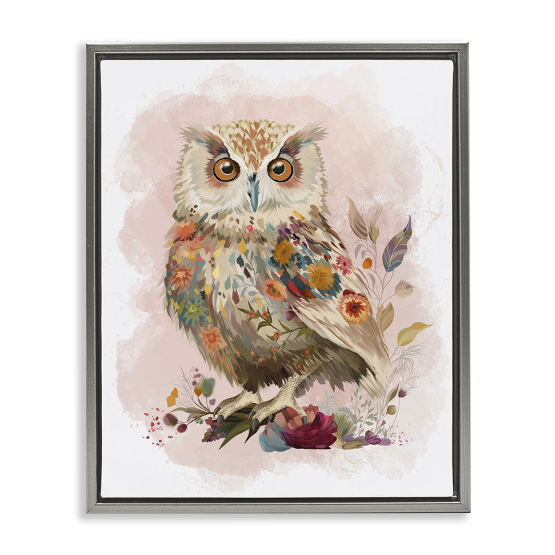 Art mural sur toile Owl & Wild Blooms par Fab Funky, Cadre flottant gris lustré, H 21 po x l 17 po