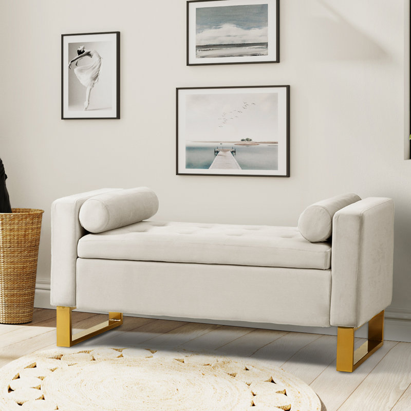 Vallejo 50.4'' W Modern Upholstered Flip Top Storage Bench with Two Pillows and Tufted, Ivory