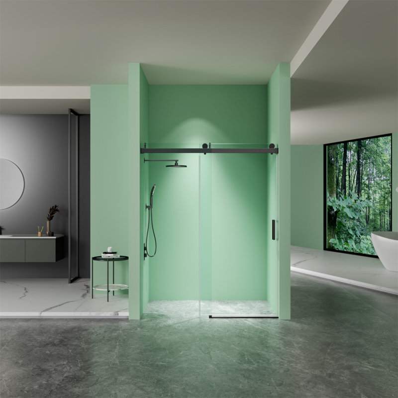 Matte Black Frameless Sliding Shower Door with Tempered Glass