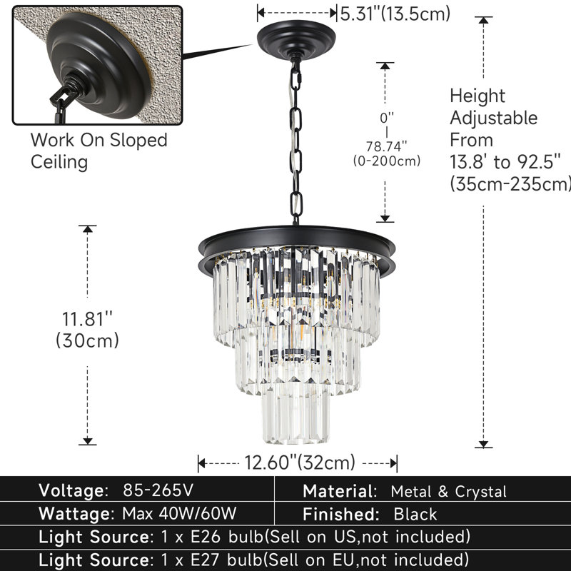 Lustre en cristal Makinlee, H 11,81 po x l 12,6 po x P 12,6 po, Une lumière, Noir mat