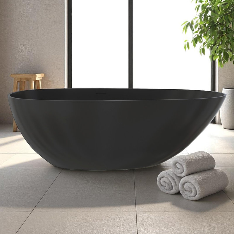 67" x 33.5" Matte Solid Surface Stone Resin Freestanding Soaking Bathtub, Matte Black