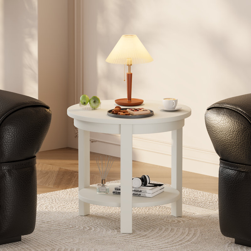 Solid Wood Round End Table With Storage Shelf, 22" W X 20" H, Mid Century Modern Wooden Coffee/End/Side Table For Bedroom Living Room, White