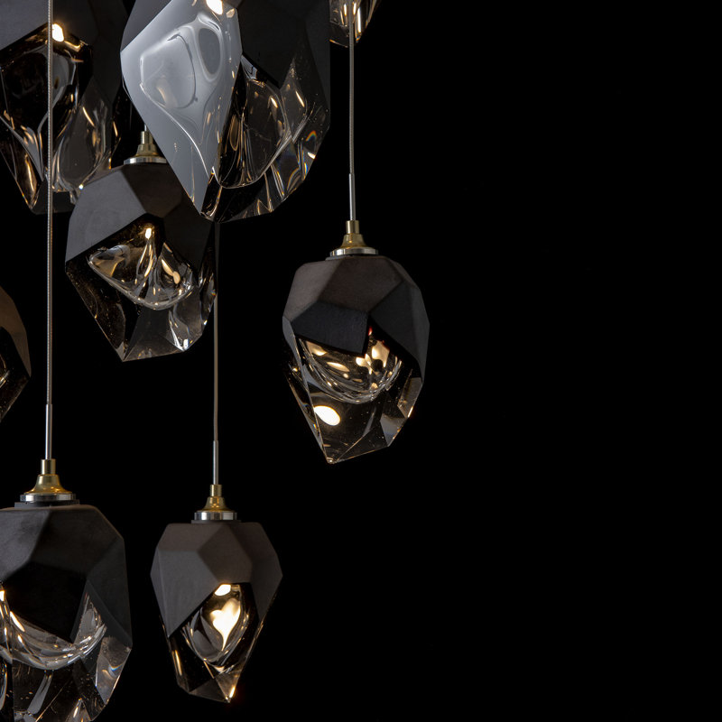 Chrysalis 9 - Light Cluster Geometric Pendant, Black Polished Crystal, Modern Brass, 15" - 80"