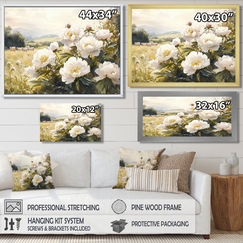 Pivoines près du champ de pâture I - pivoines, art mural, H 12 po x l 20 po, Toile tendue