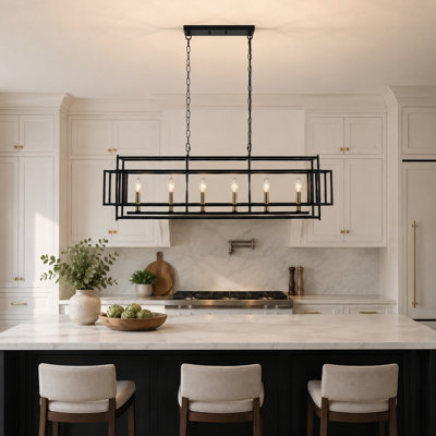 Industrial 6-Light Geometric Linear Pendant Light, Metal Chandelier For Kitchen Island And Dining Room
