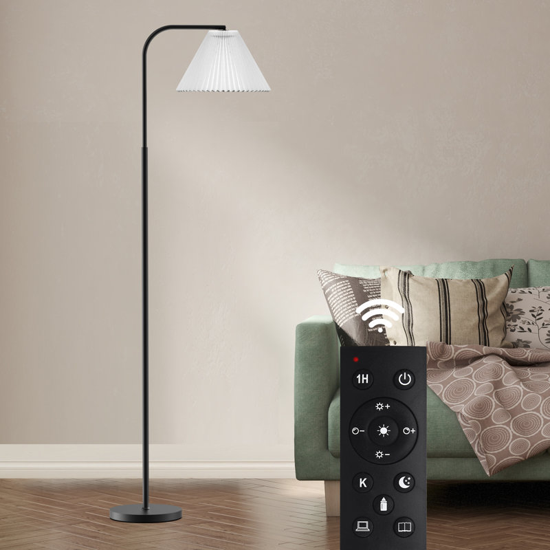Lampe sur pied arquée avec télécommande, ampoule incluse et abat-jour en tissu plissé