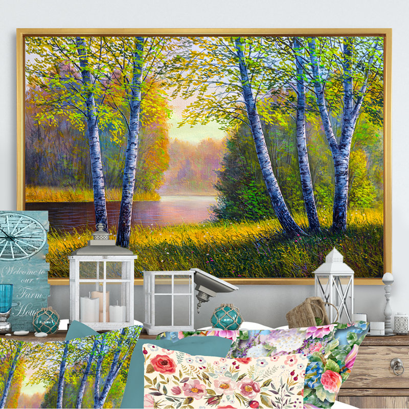 «River Through The Birch Tree Forest», reproduction sur toile flottante, H 12 po x l 20 po x P 1 po, Cadre flottant doré