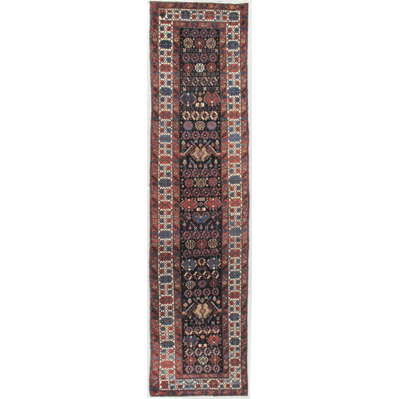 One-of-a-Kind Runner 2'9" X 12'11" 1900s Runner Wool Area Rug in Black/Navy/Red