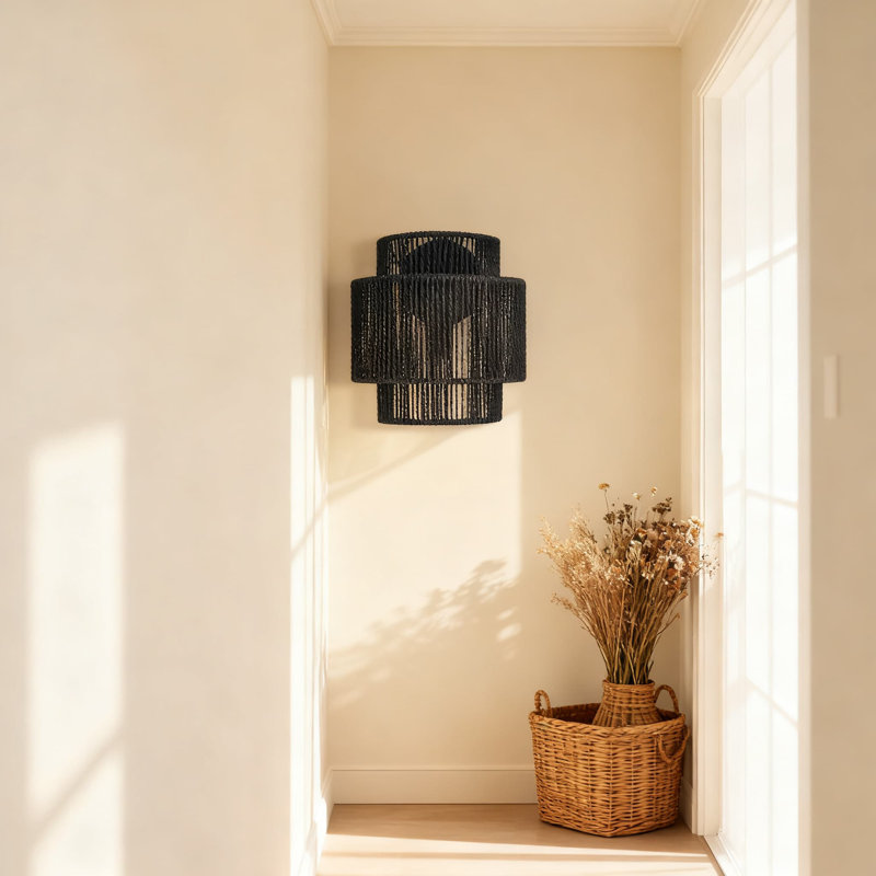 Applique murale en corde de chanvre tissée à la main, luminaire bohème en rotin avec base E12, veilleuse encastrée de style campagne moderne pour le couloir du salon de la chambre à coucher