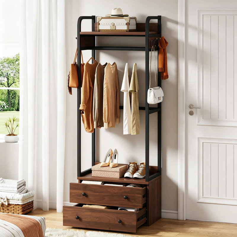 Organisateur de garde-robe autoportant avec tiroirs et tablettes, portemanteau robuste avec 3 barres de suspension et 6 crochets, portemanteau industriel pour entrée, chambre à coucher, couloir, brun rustique